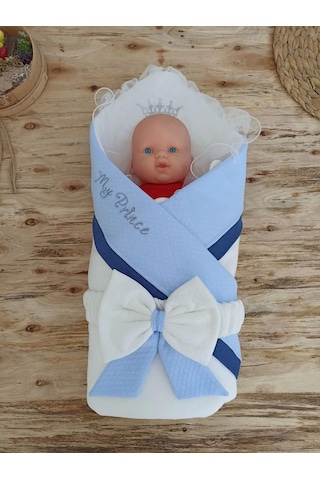 Yenidoğan Bal Peteği My Prince Taç Nakışlı Delüks Kundak Bebek Battaniyesi Mavi