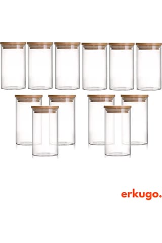 12 Adet Vakumlu Bambu Kapaklı Borosilikat Baharatlık, Saklama Kabı, Çerezlik 200 Ml Jarpot Şeffaf