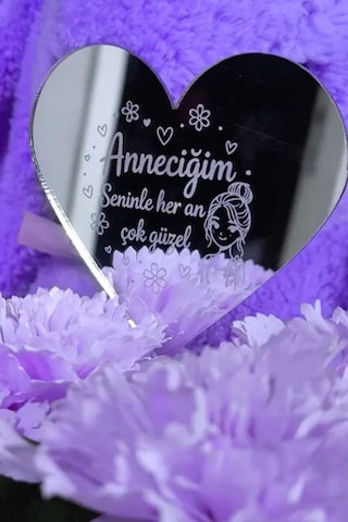 Anneler Günü Ne Özel Led Işıklı Lila Çiçek Buketi Ve Peluş Tavşan Seti Kalp Aynalı, Mesajlı Aynalı Şık Hediye