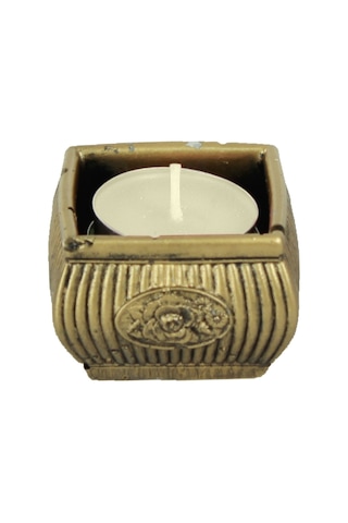Eskitme Mumluk Şamdan Tealight Mum Uyumlu Mini Çizgili Çiçekli Model - Altın Eskitme