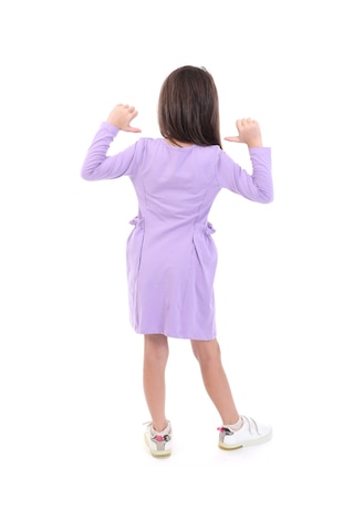 Toontoy Kids Kız Çocuk Baskılı Relax Fit Bisiklet Yaka Uzun Kollu Cepli Elbise - Lila