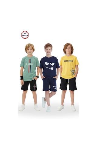 Fyk Kids 3'lü Yuvarlak Yaka Baskı Detaylı Erkek Çocuk 6 Parça Alt Üst Takım Mint-lacivert-sarı