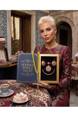 Özel Tasarım Kitap Kutulu Kadın Bakır Takı Seti Ve Tesbih Kombini - Kolye Küpe Bileklik Yüzük 5 Parça Otantik Şık Hediyelik - Doğum Günü Yıl Dönümü Anneler Günü Kadınlara Özel Gösterişli Hediye - N-00081