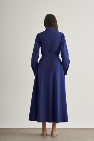 Mizalle Premium Saf Pamuk Lacivert Piliseli Uzun Elbise Lacivert