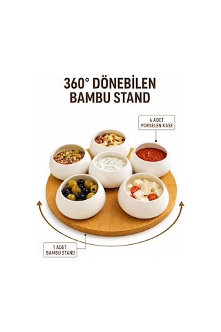 Dönen Bambu Standlı 6 Lı Porselen Kase Seti 360 Kahvaltılık Çerezlik Sosluk Sunum Seti Beyaz