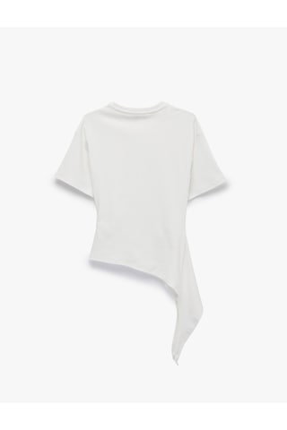 Koton Modal Kumaş Slim Fit Bisiklet Yaka Kısa Kollu Asimetrik Tişört Ekru 7wal10313ık
