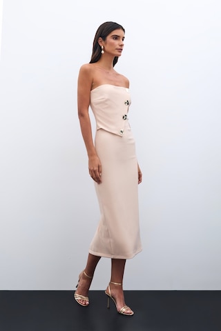 Sateen Düğme Aksesuarlı Straplez Elbise - Bej-135535 Bej
