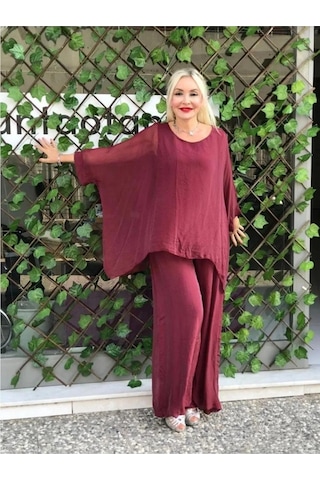 Bohem Stil İtalyan Yarasa Kol İpek Bluz & Pantolon Takım-8767 Bordo