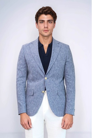 Koyu Mavi Keten Dokulu Gold Renk Metal Düğmeli Slim Fit Erkek Blazer Ceket - Wessi Navy Blue