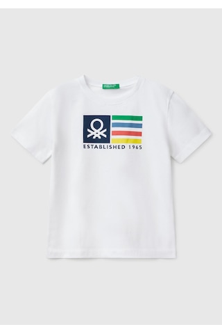 Erkek Çocuk Sarı Benetton Logo Baskılı T-shirt Beyaz