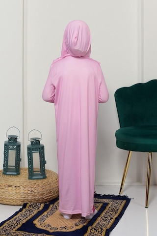 Çocuk Namaz Takımı Pratik Tek Parça Desenli Kollu Tak Çıkar Başörtülü Likralı Tesettür Elbise 6-12 Yaş 925-0201 Çok Renkli