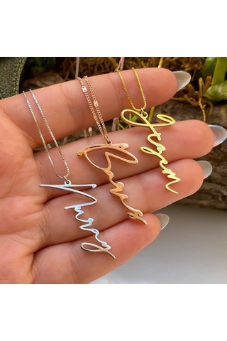 Isimli Dikey Imza Altın Gold 925 Ayar Gümüş Zincir Kolye Kişiye Ö (536422937)