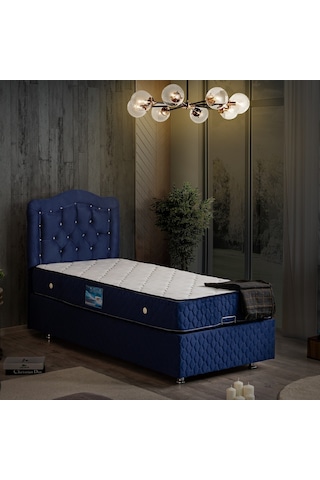 Setaymobilya Baza, Şah Lacivert Tek Kişilik Baza + Başlık + Deluxe Yatak
