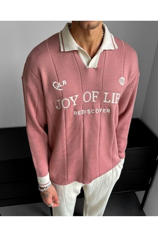 Oversize Polo Yaka Desenli Triko Kazak Yumuşak Dokulu Tüylenmez Salaş Nakış Detaylı Sweatshirt Triko Açık Bej