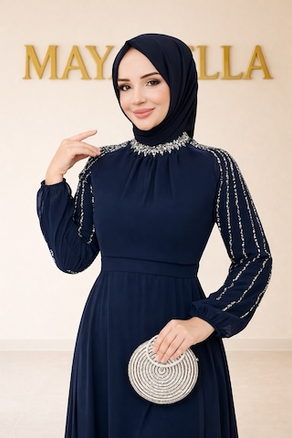 Mayabella İşlemeli Abiye Tesettür 20251311-mb3 Lacivert