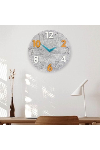 CajuArt Modern Yuvarlak Gri Desen Turuncu Beyaz 40 cm Duvar Saati Turuncu