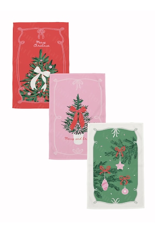 Yılbaşı & Christmas Desenli Tek Taraf Baskılı 3'lü Mutfak Havlusu Kurulama Bezi Seti 60x40 Cm Kırmızı - Yeşil - Pembe