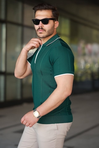 Erkek Dikey Kabartmalı Örgü Dokulu Fermuar Yakalı Tişört Yeşil