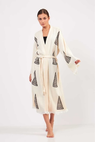 Befera Müslin Kimono Pamuklu Piramit Desenli Bornoz Kaftan Sabahlık Ekru