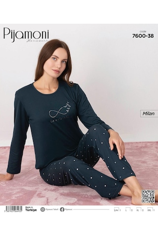Pijamoni Kadın Milan Bisiklet Yaka Uzun Kol İnce Pijama Takımı 7600/38 - 1 Adet Koyu Yeşil