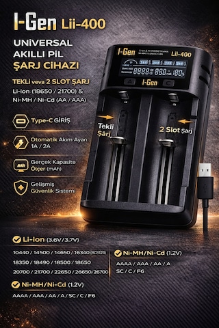 I-gen Lıı-400 Akıllı Li-ıon Pil Şarj Cihazı, Type-c Girişli, Lcd Ekranlı, 2 Slot Şarj, Li-ıon & Ni-mh Uyumlu 18650 / 21700 / Aa / Aaa
