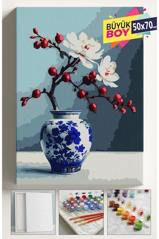 Sayılarla Boyama Seti Numaralı Tuval Fırça Boya Dahil Kasnaklı Set 50x70 Cm - Kiraz Vazo