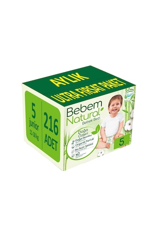 Bebem Natural Bebek Bezi 5 Numara Junior Ultra Fırsat Paketi 216 Adet 3'lü