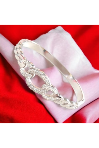 Modern Zirkon Taşlı Çelik Kelepçe Bileklik - Kararmaz Gold Kaplama Gümüş