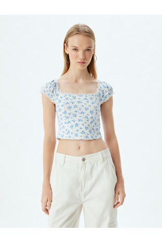 Koton Crop Üst Fırfırlı Kısa Kollu Çiçek Desenli Kare Yaka Slim Fit Mavi Desenli 4sal30382ık Mavi