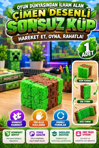 Çimen Desenli Infinity Cube Sonsuz Küp Hareketli Stres Küpü Katlanabilir Fidget Oyuncak 1 Adet Tr