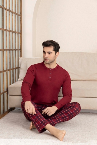 Erkek 3 Düğmeli Ekose Desen Pamuk Likra Mevsimlik Modal Uzun Kol Manşetli Cepli Pijama Takımı Bordo