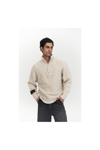 Zane Fermuar Detay Bej Erkek Triko Kazak Bej