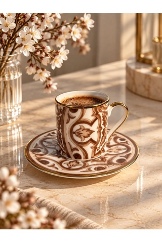 2 Kişilik Porselen Latte Brown Kahve Fincanı Takımı 100 Ml-8014 Kahverengi