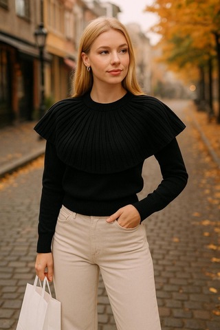 Hira Life Fashion Kadın Fırfır Detaylı Kısa Kazak Siyah Siyah