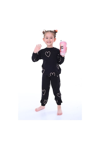 Minik Kalpler Desenli %100 Pamuk Kız Çocuk Pijama Takımı Siyah