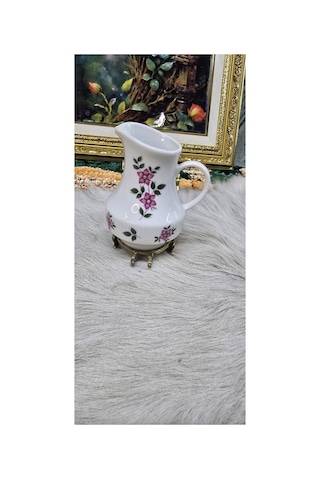Vintage Çiçek Desenli Porselen Sütlük / Krema Sürahisi Ekru