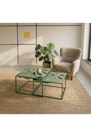 Monstera Yaprak Formlu 2 Li Metal Orta Sehpa Modern Zigon Sehpa Seti Yeşil