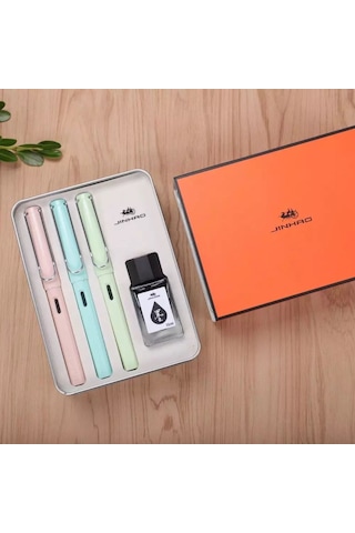 Jinhao Dolma Kalem Seti Hediyelik Üç Kalem+Mürekkep Metal Kutuda