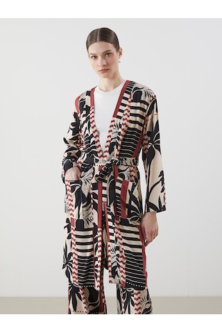 Lcw Modest Siyah Şal Yaka Desenli Oversize Kadın Kimono