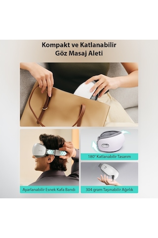 Es500 Göz Masaj Aleti Isı Terapili, Bluetooth Müzikli, Sessiz, Taşınabilir, 1500 Mah, Parlak Beyaz