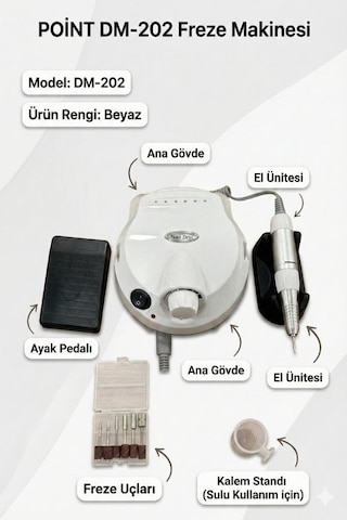 Point Profesyonel Tırnak Törpü Makinesi Seti Freze Makinesi Beyaz Dm-202