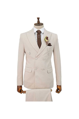 Bys Beystil Sivri Yaka Bej Kruvaze Takım Elbise Petek - Slim Fit
