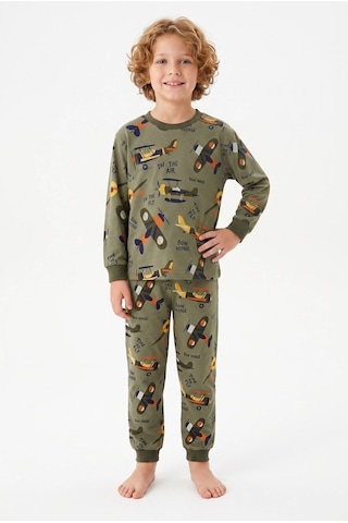 Bunny Hopp Vintage Uçak Desenli %100 Pamuk Süprem Penye Kumaş Uzun Kollu Erkek Çocuk Pijama Takımı Yeşil