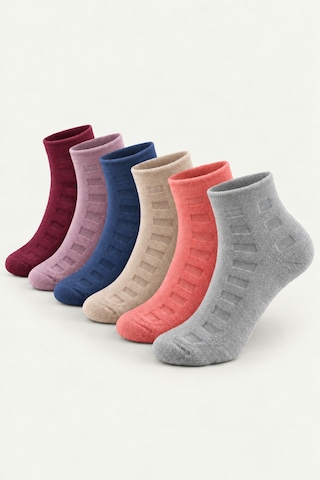 Socketta Kadın Yumuşak Dokulu Desenli Bambu Havlu Patik Çorap 6 Farklı Renkli Premium Set Bordo-lacivert-violet-bej-coral-gri