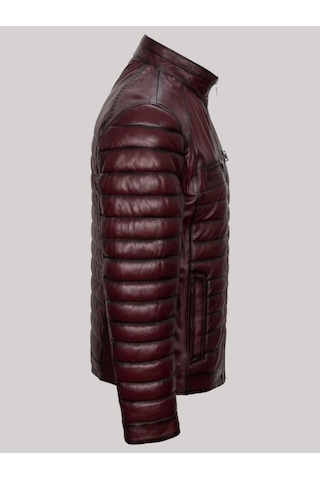 Hakiki Kuzu Derisi Bordo Çizgi Detaylı Dört Cepli Şişme Erkek Deri Mont Bordo