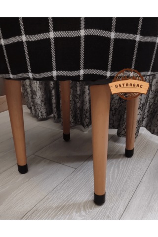 Puf Koltuk Tabure - Siyah Üstü Beyaz Örme Ekose - Ahşap Gürgen Ay