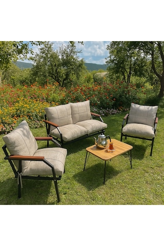 Ard & Garden Sehpalı Açıkgri Fermuarlı Bahçe Balkon Takımı, Cafe, Salon - Metal Kanepe Koltuk Takımı Açık Gri