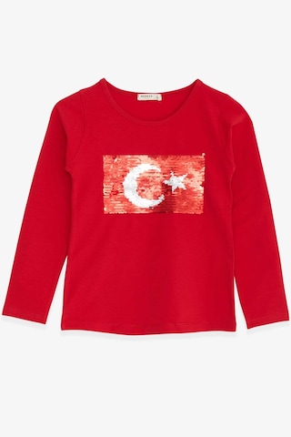 Breeze Kız Çocuk Uzun Kollu Tişört Pullu Ay Yıldız 4-14 Yaş, Kırmızı Kırmızı