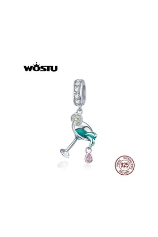 Wostu 925 Ayar Gümüş Pembe Cz Kokteyl Şarap Bardağı Dangle Charm Kolye Dıy Bilezik Takı Gümüş