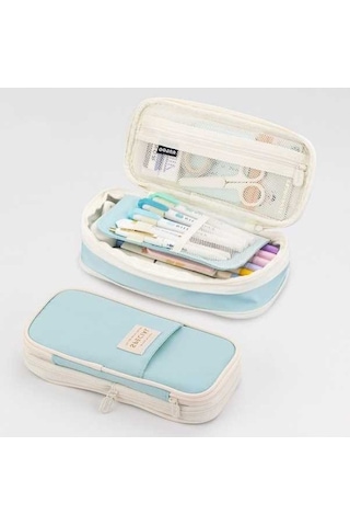 Maoyaya Angoo Macaron Çift Katmanlı Geri Çekilebilir Büyük Kapasiteli Kalem Kutusu Açık Mavi Açık Mavi